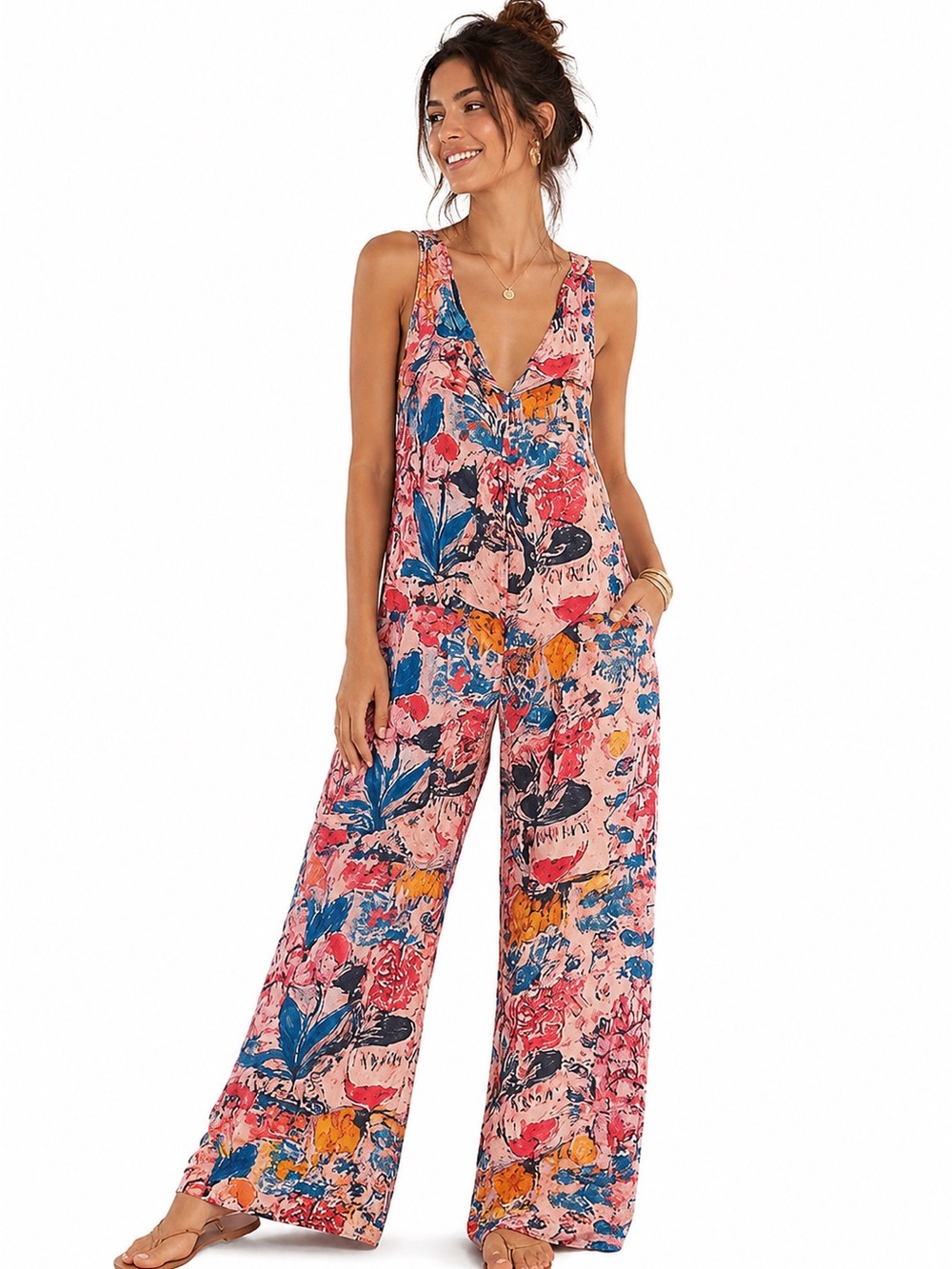 NATURAL LIFE Let's Just Go Wide-Leg Jumpsuit, Light Pink Multi Floral, S